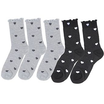 Women's 5-Pair Set Frilly Crew Socks with Heart Pattern and Ruffle Trim Breathable Knit Design