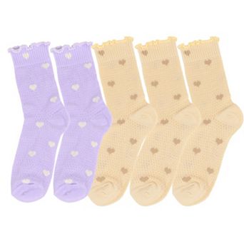 Women's 5-Pair Set Frilly Crew Socks with Heart Pattern and Ruffle Trim Breathable Knit Design