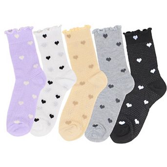 Women's 5-Pair Set Frilly Crew Socks with Heart Pattern and Ruffle Trim Breathable Knit Design