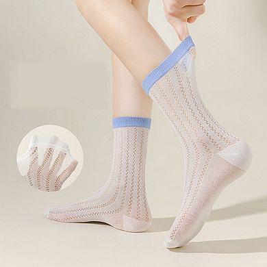5 Pairs Women's Breathable Lace-Knit Crew Socks with Colored Cuffs Soft Lightweight Anti-Odor
