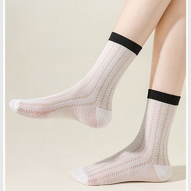 5 Pairs Women's Breathable Lace-Knit Crew Socks with Colored Cuffs Soft Lightweight Anti-Odor