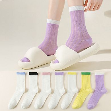 5 Pairs Women's Breathable Lace-Knit Crew Socks with Colored Cuffs Soft Lightweight Anti-Odor