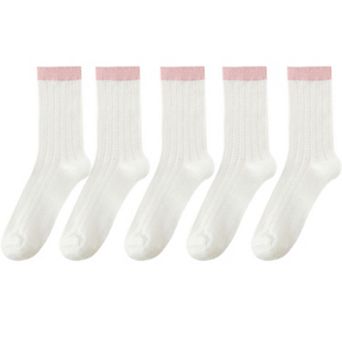 5 Pairs Women's Breathable Lace-Knit Crew Socks with Colored Cuffs Soft Lightweight Anti-Odor