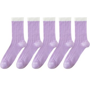 5 Pairs Women's Breathable Lace-Knit Crew Socks with Colored Cuffs Soft Lightweight Anti-Odor