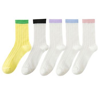 5 Pairs Women's Breathable Lace-Knit Crew Socks with Colored Cuffs Soft Lightweight Anti-Odor