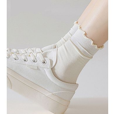 4 Pairs Women's Ruffle Edge Crew Socks Soft Stretch Cotton Blend with High Elastic Cuffs