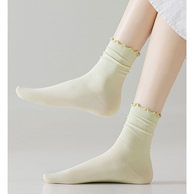4 Pairs Women's Ruffle Edge Crew Socks Soft Stretch Cotton Blend with High Elastic Cuffs