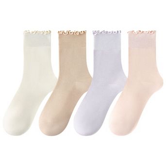 4 Pairs Women's Ruffle Edge Crew Socks Soft Stretch Cotton Blend with High Elastic Cuffs
