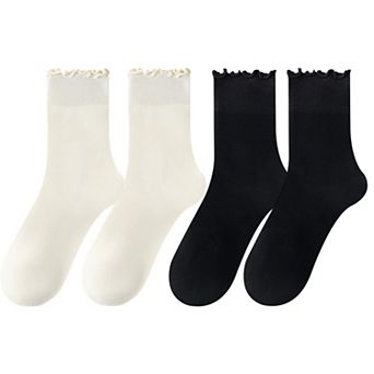 4 Pairs Women's Ruffle Edge Crew Socks Soft Stretch Cotton Blend with High Elastic Cuffs