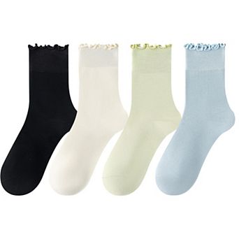 4 Pairs Women's Ruffle Edge Crew Socks Soft Stretch Cotton Blend with High Elastic Cuffs