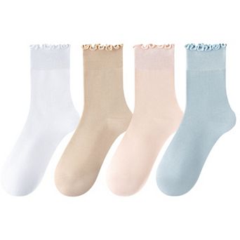 4 Pairs Women's Ruffle Edge Crew Socks Soft Stretch Cotton Blend with High Elastic Cuffs