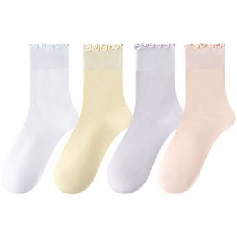 4 Pairs Women's Ruffle Edge Crew Socks Soft Stretch Cotton Blend with High Elastic Cuffs