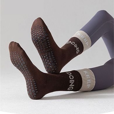 Women's 3-Pair Set Mid-Calf Grip Socks with Cushioned Soles and Motivational Text