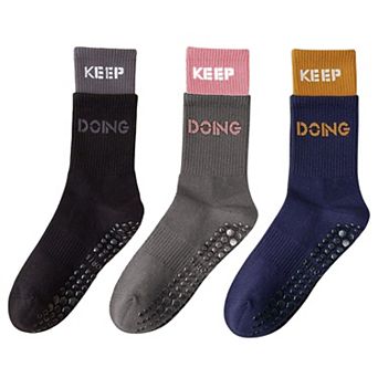 Women's 3-Pair Set Mid-Calf Grip Socks with Cushioned Soles and Motivational Text