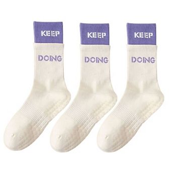 Women's 3-Pair Set Mid-Calf Grip Socks with Cushioned Soles and Motivational Text