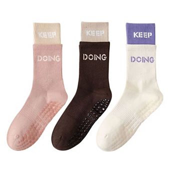 Women's 3-Pair Set Mid-Calf Grip Socks with Cushioned Soles and Motivational Text