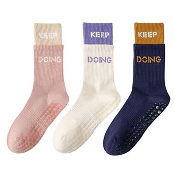 Women's 3-Pair Set Mid-Calf Grip Socks with Cushioned Soles and Motivational Text