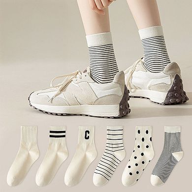 3 Pairs Women's Crew Socks Ribbed Cuff Assorted Stripes Dots Letter Graphic Print Design