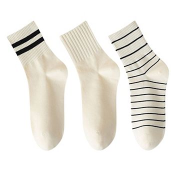 3 Pairs Women's Crew Socks Ribbed Cuff Assorted Stripes Dots Letter Graphic Print Design