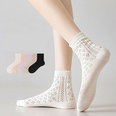 4 Pairs Women's Lace Knit Crew Socks Lightweight Breathable Mesh Style with Elastic Cuff