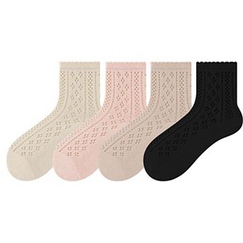 4 Pairs Women's Lace Knit Crew Socks Lightweight Breathable Mesh Style with Elastic Cuff
