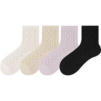 4 Pairs Women's Lace Knit Crew Socks Lightweight Breathable Mesh Style with Elastic Cuff
