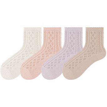 4 Pairs Women's Lace Knit Crew Socks Lightweight Breathable Mesh Style with Elastic Cuff