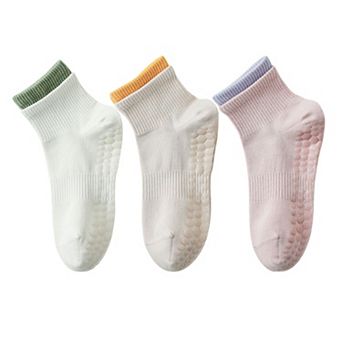 Women's 3-Pair Set Short Ankle Grip Socks with Ribbed Cuffs Cushioned Soles and Anti-Slip Bottom
