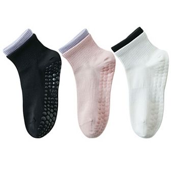 Women's 3-Pair Set Short Ankle Grip Socks with Ribbed Cuffs Cushioned Soles and Anti-Slip Bottom