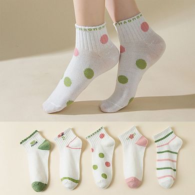 5 Pairs Women's Low Cut Socks with Polka Dot and Stripe Patterns Soft Cotton Anti-Pilling Casual
