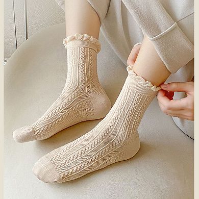 3 Pairs Mid-Crew Cable Knit Socks with Ruffle Cuffs Soft Stretchy Vintage-Inspired Design
