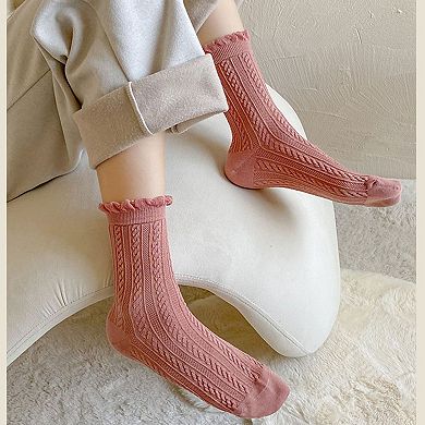 3 Pairs Mid-Crew Cable Knit Socks with Ruffle Cuffs Soft Stretchy Vintage-Inspired Design