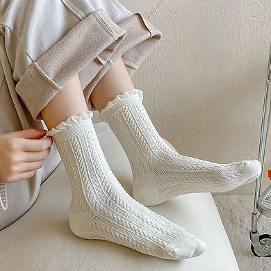 3 Pairs Mid-Crew Cable Knit Socks with Ruffle Cuffs Soft Stretchy Vintage-Inspired Design