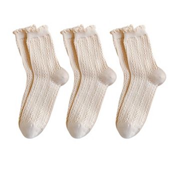 3 Pairs Mid-Crew Cable Knit Socks with Ruffle Cuffs Soft Stretchy Vintage-Inspired Design