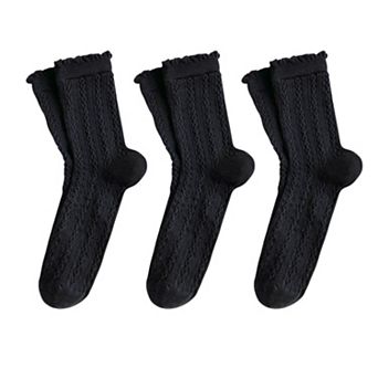 3 Pairs Mid-Crew Cable Knit Socks with Ruffle Cuffs Soft Stretchy Vintage-Inspired Design