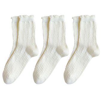 3 Pairs Mid-Crew Cable Knit Socks with Ruffle Cuffs Soft Stretchy Vintage-Inspired Design