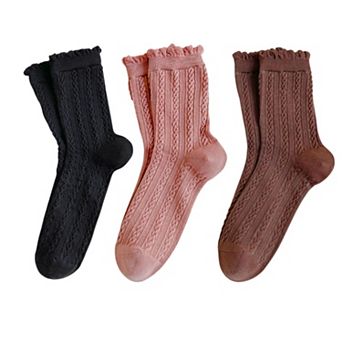 3 Pairs Mid-Crew Cable Knit Socks with Ruffle Cuffs Soft Stretchy Vintage-Inspired Design