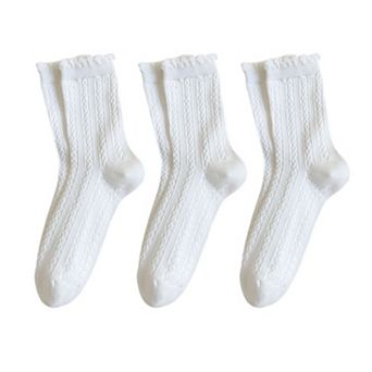 3 Pairs Mid-Crew Cable Knit Socks with Ruffle Cuffs Soft Stretchy Vintage-Inspired Design