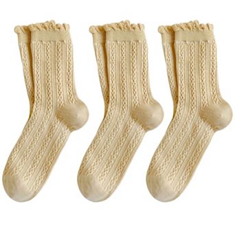 3 Pairs Mid-Crew Cable Knit Socks with Ruffle Cuffs Soft Stretchy Vintage-Inspired Design