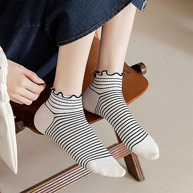 4 Pairs Ankle Socks with Ruffle Trim Cuff Featuring Cherry, Grid, Stripe, and Polka Dot Designs