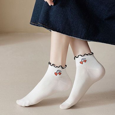 4 Pairs Ankle Socks with Ruffle Trim Cuff Featuring Cherry, Grid, Stripe, and Polka Dot Designs