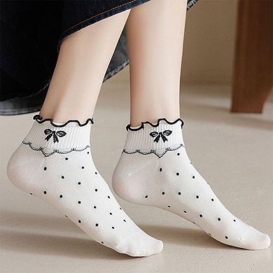 4 Pairs Ankle Socks with Ruffle Trim Cuff Featuring Cherry, Grid, Stripe, and Polka Dot Designs