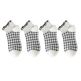 4 Pairs Ankle Socks with Ruffle Trim Cuff Featuring Cherry, Grid, Stripe, and Polka Dot Designs
