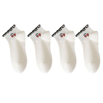 4 Pairs Ankle Socks with Ruffle Trim Cuff Featuring Cherry, Grid, Stripe, and Polka Dot Designs