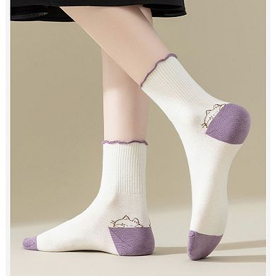 4 Pairs Mid-Crew Ruffle Trim Socks with Contrast Toe Heel and Cat Embroidery Design