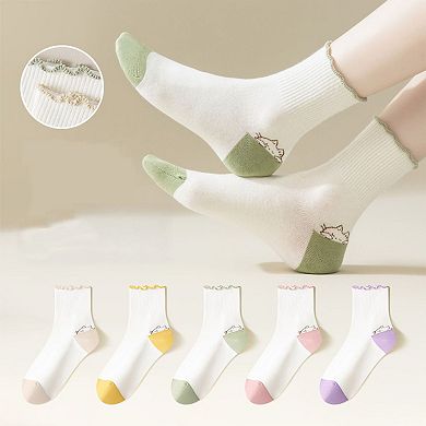 4 Pairs Mid-Crew Ruffle Trim Socks with Contrast Toe Heel and Cat Embroidery Design