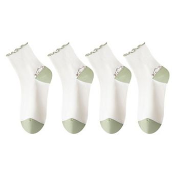 4 Pairs Mid-Crew Ruffle Trim Socks with Contrast Toe Heel and Cat Embroidery Design