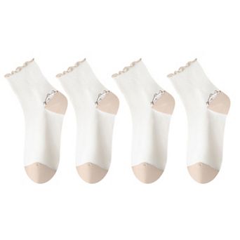 4 Pairs Mid-Crew Ruffle Trim Socks with Contrast Toe Heel and Cat Embroidery Design