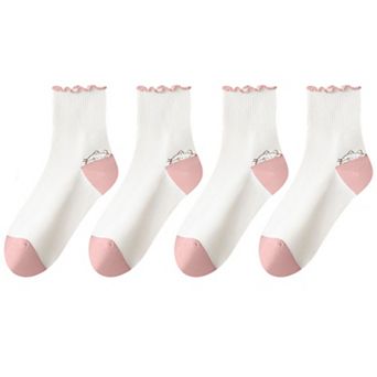 4 Pairs Mid-Crew Ruffle Trim Socks with Contrast Toe Heel and Cat Embroidery Design
