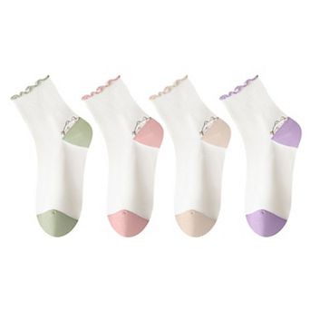 4 Pairs Mid-Crew Ruffle Trim Socks with Contrast Toe Heel and Cat Embroidery Design
